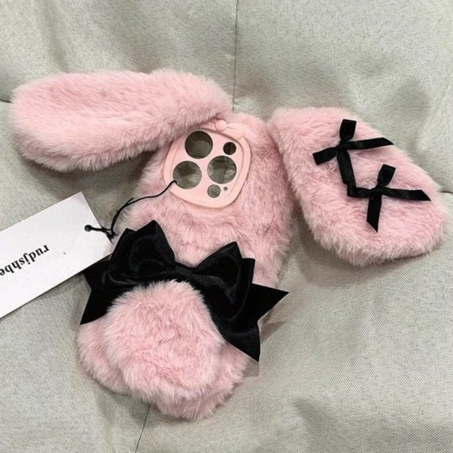 Y2K Bowknot Pink Bunny Plush iPhone Case - ArtGalleryZen