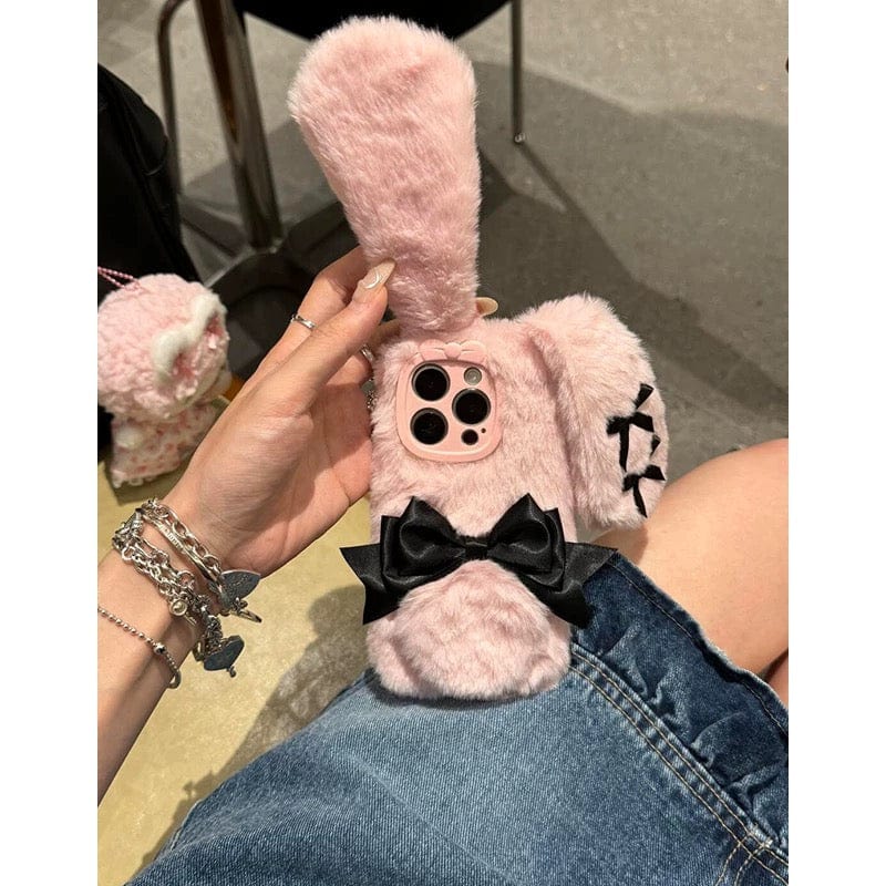 Y2K Bowknot Pink Bunny Plush iPhone Case