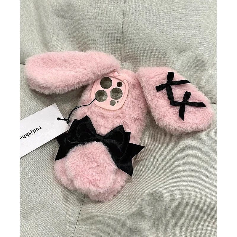 Y2K Bowknot Pink Bunny Plush iPhone Case