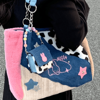 Thumbnail for Y2K Miffy Plush Denim Patchwork Shoulder Bag - ArtGalleryZen