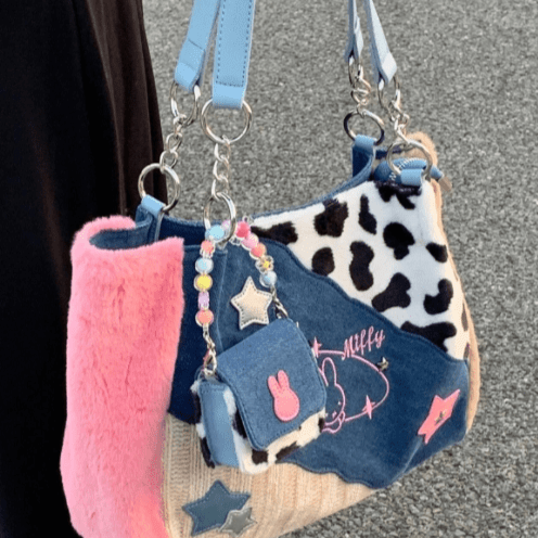Y2K Miffy Plush Denim Patchwork Shoulder Bag - ArtGalleryZen