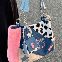 Thumbnail for Y2K Miffy Plush Denim Patchwork Shoulder Bag - ArtGalleryZen