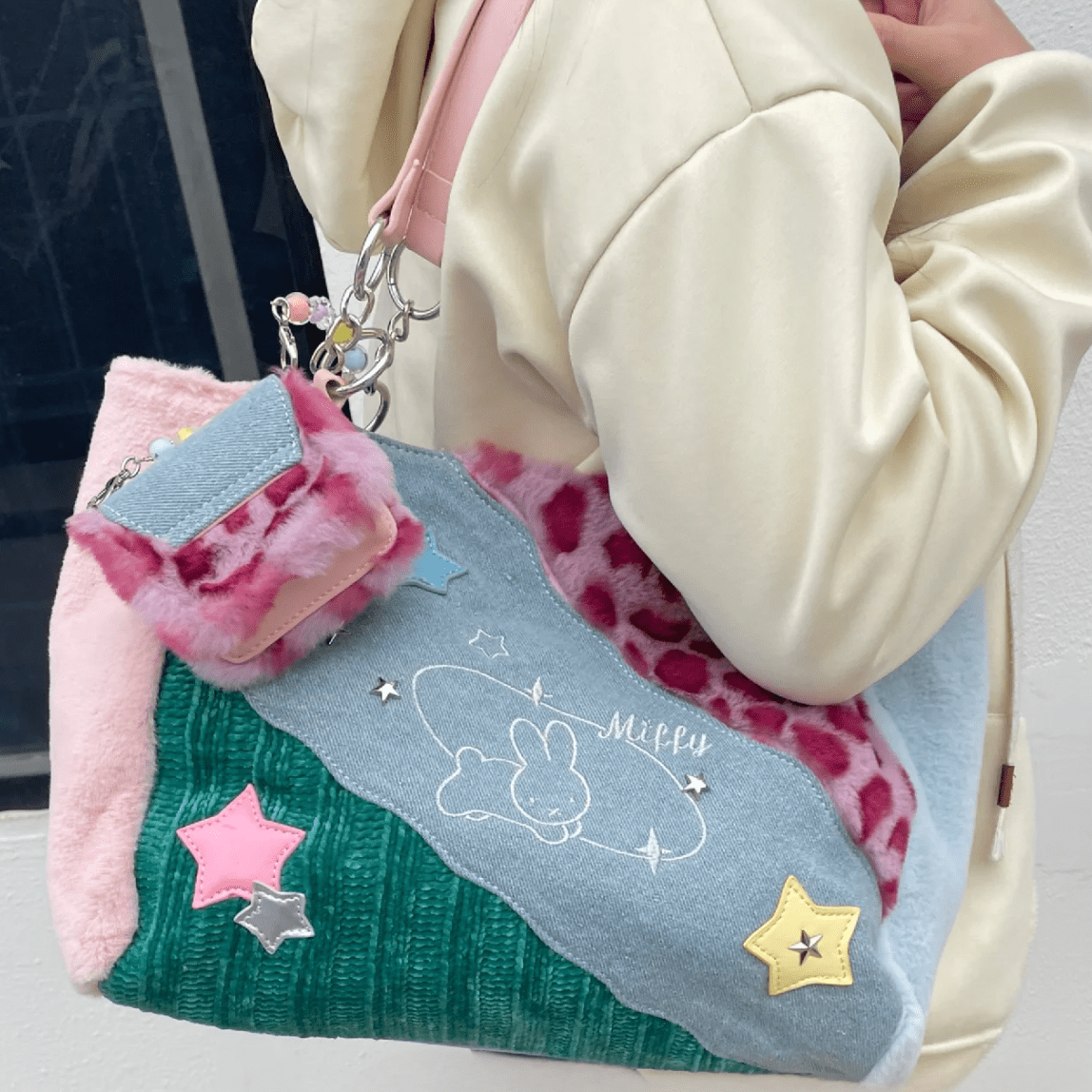 Y2K Miffy Plush Denim Patchwork Shoulder Bag - ArtGalleryZen