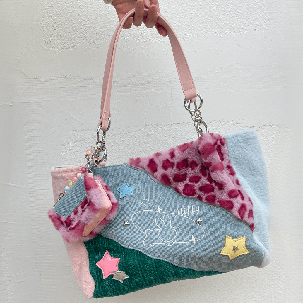 Y2K Miffy Plush Denim Patchwork Shoulder Bag - ArtGalleryZen