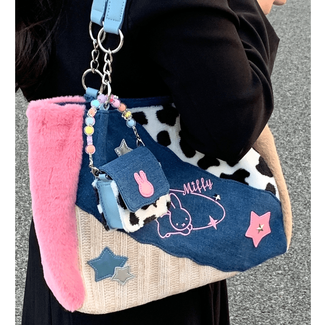 Y2K Miffy Plush Denim Patchwork Shoulder Bag