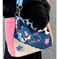 Thumbnail for Y2K Miffy Plush Denim Patchwork Shoulder Bag