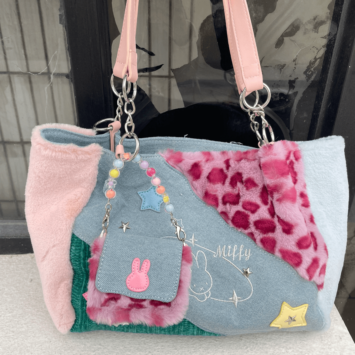Y2K Miffy Plush Denim Patchwork Shoulder Bag