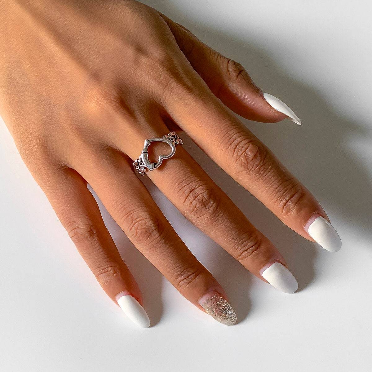 Antique Silver Tone Bamboo Shaped Heart Ring - ArtGalleryZen