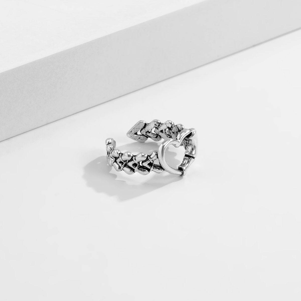 Antique Silver Tone Bamboo Shaped Heart Ring - ArtGalleryZen