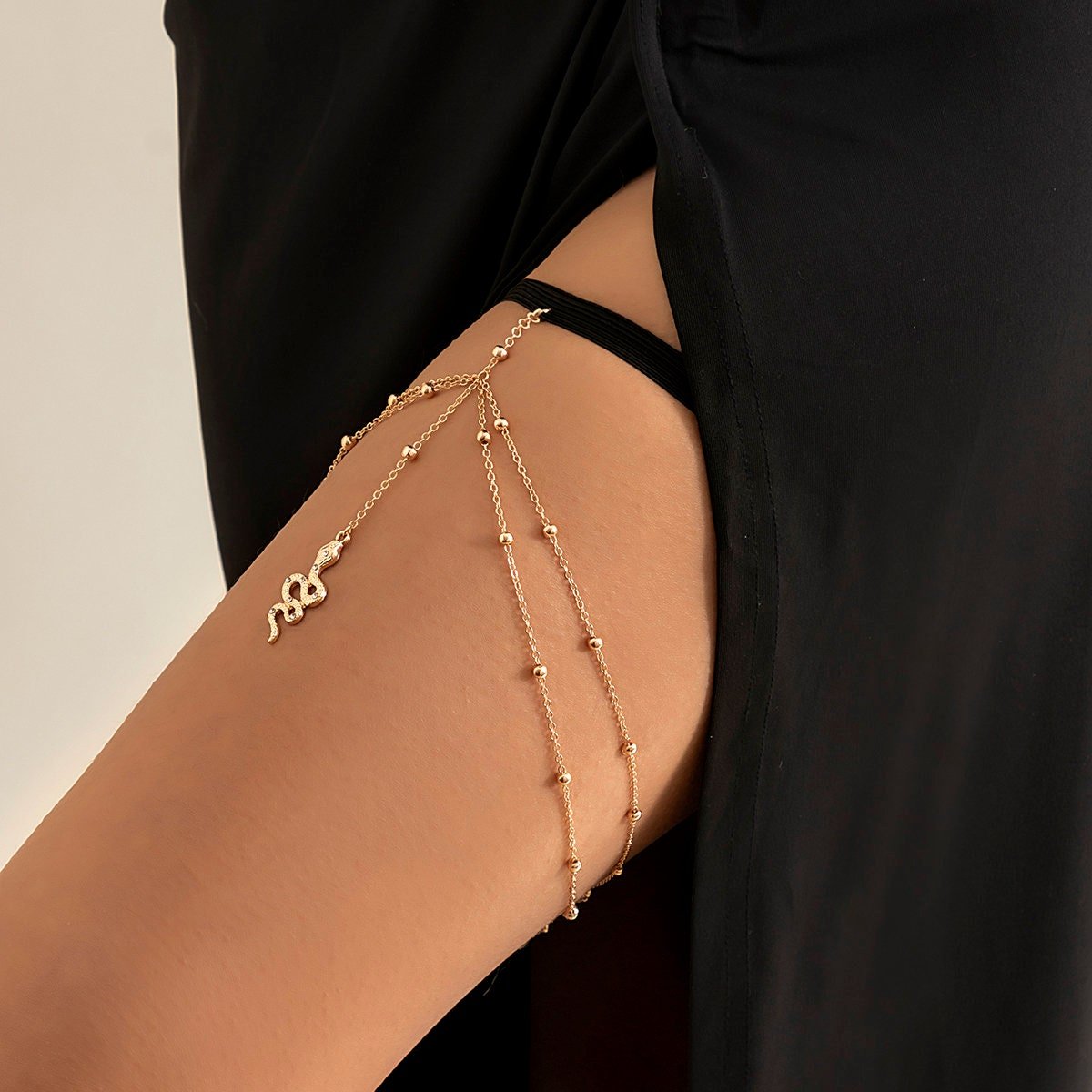 Boho Gold Silver Tone Layered Snake Charm Elastic Thigh Leg Chain - ArtGalleryZen