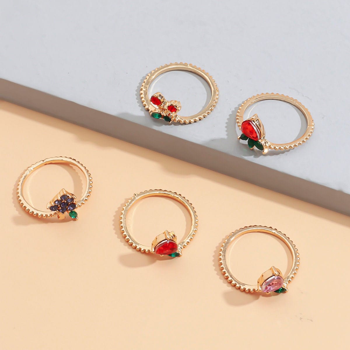 Chic 10 Pieces Colorful Crystal Fruits Rings Set - ArtGalleryZen