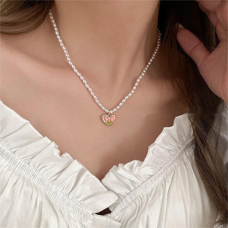 Chic 24K Gold Filled Resin Pink Tulip Heart Pendant Pearl Chain Necklace Earrings Set - ArtGalleryZen