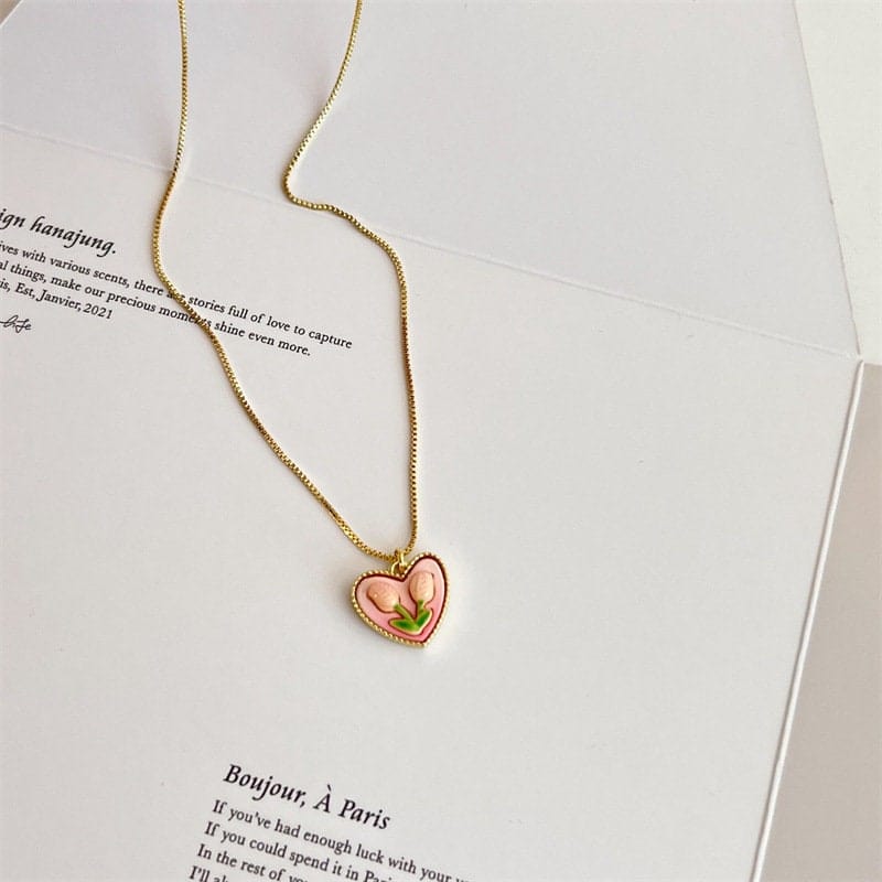Chic 24K Gold Filled Resin Pink Tulip Heart Pendant Pearl Chain Necklace Earrings Set - ArtGalleryZen