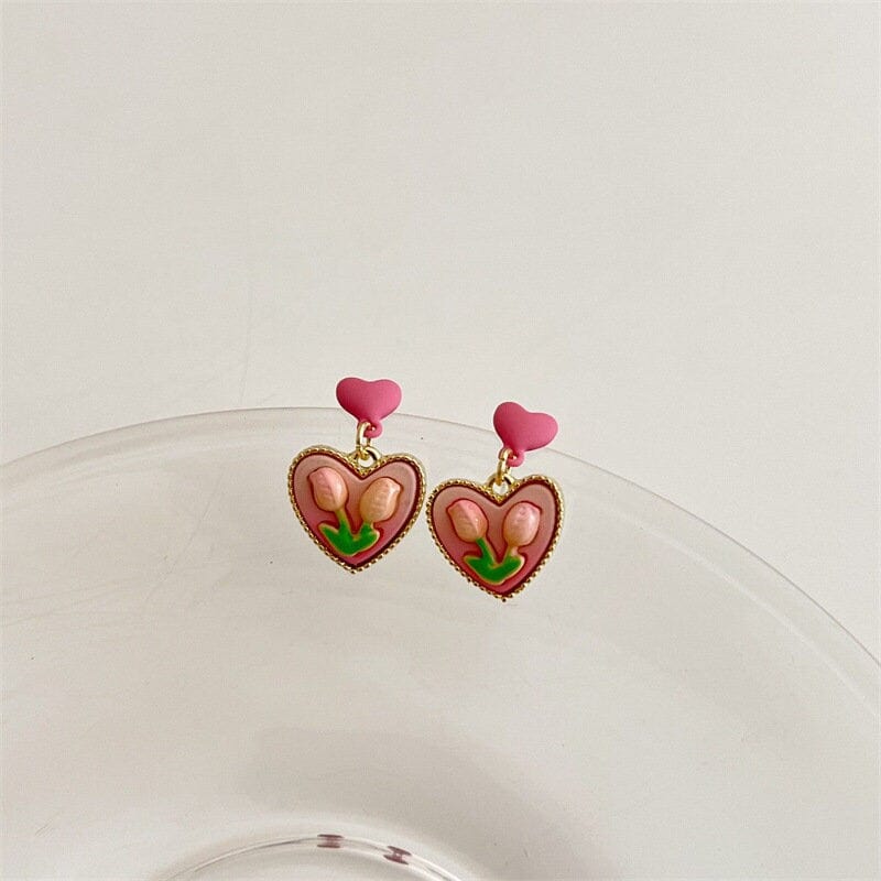 Chic 24K Gold Filled Resin Pink Tulip Heart Pendant Pearl Chain Necklace Earrings Set - ArtGalleryZen