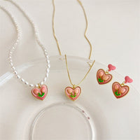 Thumbnail for Chic 24K Gold Filled Resin Pink Tulip Heart Pendant Pearl Chain Necklace Earrings Set - ArtGalleryZen