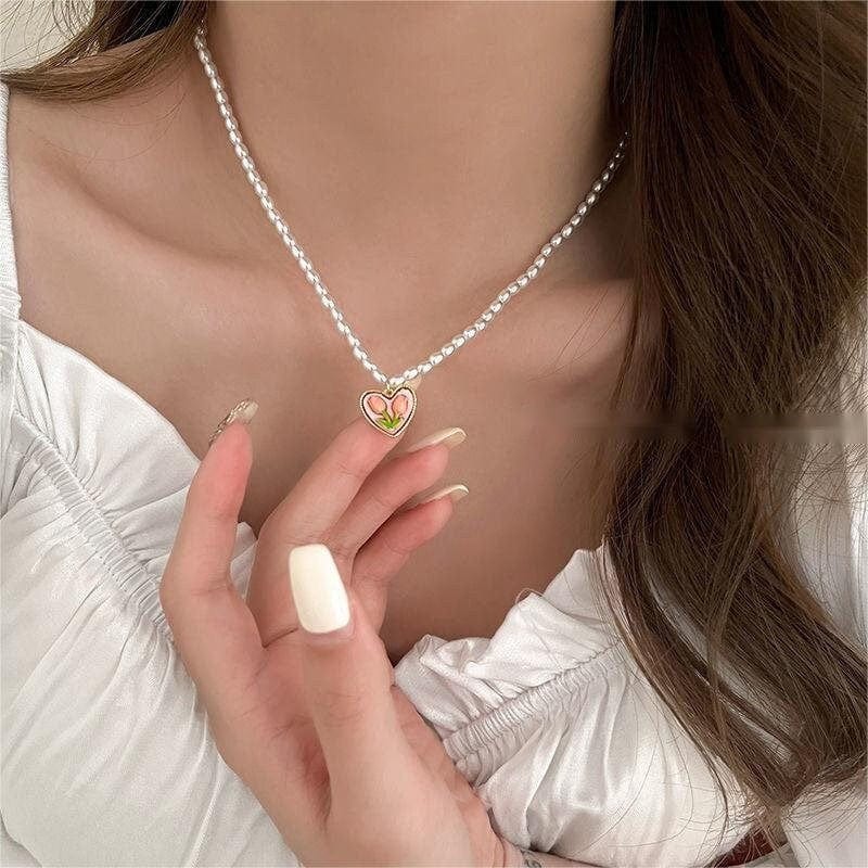 Chic 24K Gold Filled Resin Pink Tulip Heart Pendant Pearl Chain Necklace Earrings Set - ArtGalleryZen