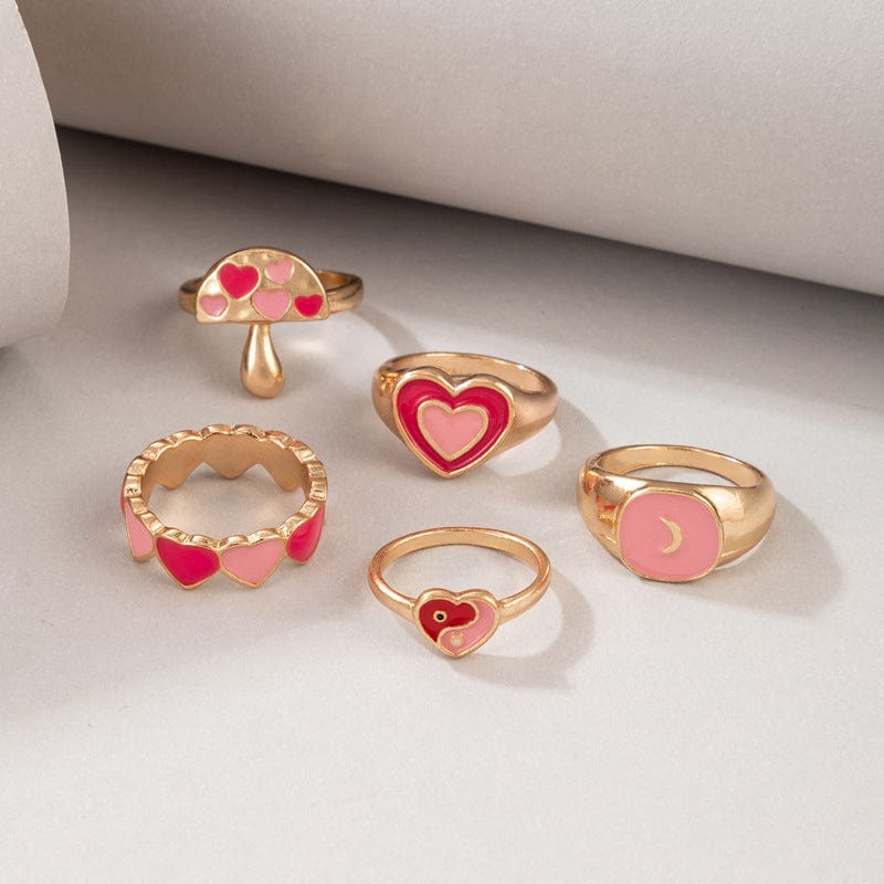 Chic 5 Pieces Pink Enamel Heart Ring Set - ArtGalleryZen