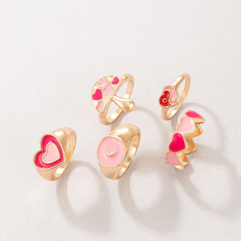 Chic 5 Pieces Pink Enamel Heart Ring Set - ArtGalleryZen
