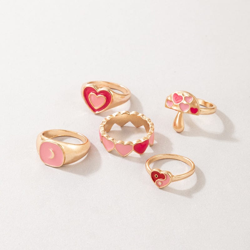Chic 5 Pieces Pink Enamel Heart Ring Set - ArtGalleryZen