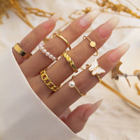 Thumbnail for Chic 8 Pieces Butterfly Pearl Charm Stackable Ring Set - ArtGalleryZen