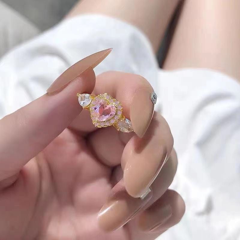 Chic Adjustable Pink Crystal Angel Wings Heart Ring - ArtGalleryZen