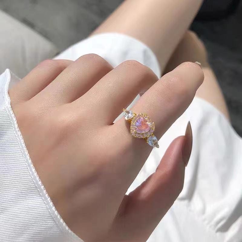 Chic Adjustable Pink Crystal Angel Wings Heart Ring - ArtGalleryZen