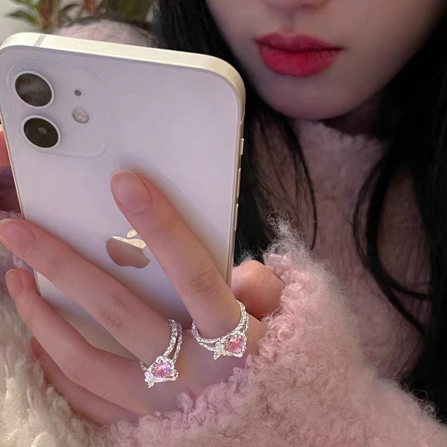 Chic Adjustable Pink Crystal Heart Ring - ArtGalleryZen