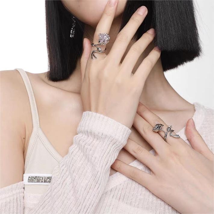 Chic Adjustable Purple Raw Crystal Rose Ring - ArtGalleryZen