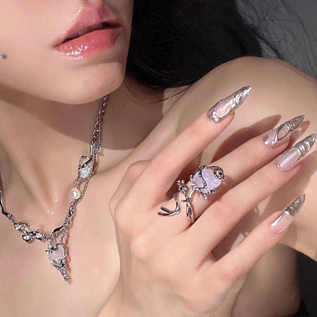 Chic Adjustable Purple Raw Crystal Rose Ring - ArtGalleryZen