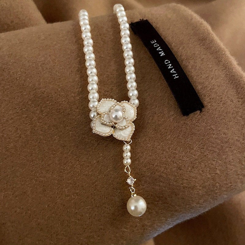 Chic Camellia Pearl Chain Choker Necklace - ArtGalleryZen