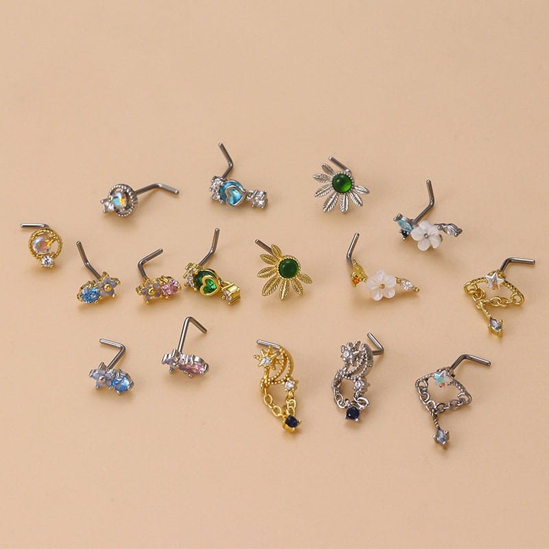 Chic Colorful CZ Inlaid Stainless Steel Floral Moon Star Nose Piercing Nose Stud - ArtGalleryZen