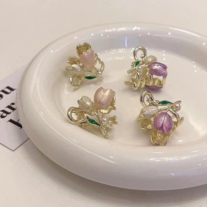 Chic Colorful Enamel Pearl Charm Tulip Hair Clip - ArtGalleryZen