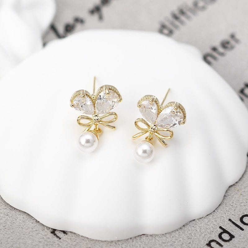 Chic Crystal Bowknot Heart Dangle Pearl Earrings - ArtGalleryZen