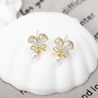 Thumbnail for Chic Crystal Bowknot Heart Dangle Pearl Earrings - ArtGalleryZen