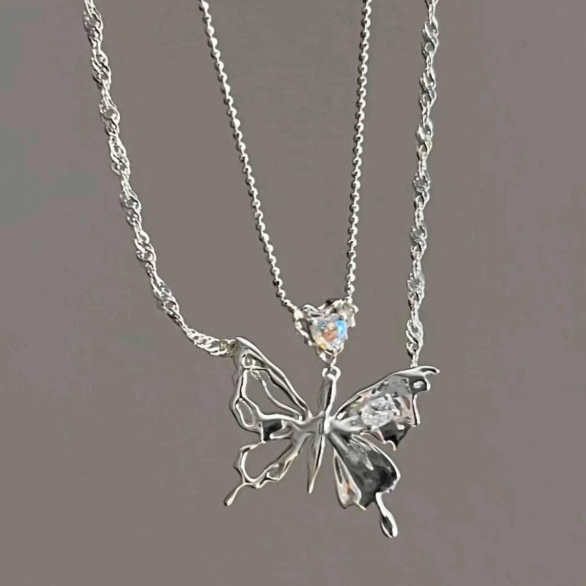 Chic Crystal Inlaid Layered Antique Silver Butterfly Necklace - ArtGalleryZen