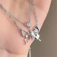 Thumbnail for Chic Crystal Inlaid Layered Antique Silver Butterfly Necklace - ArtGalleryZen