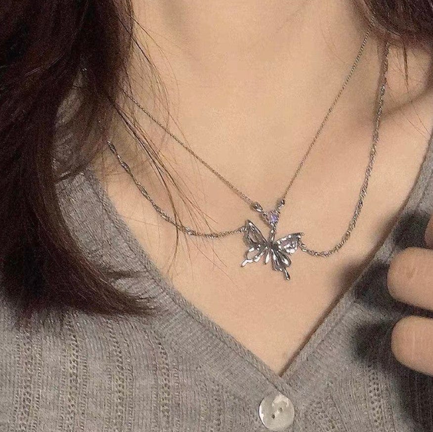 Chic Crystal Inlaid Layered Antique Silver Butterfly Necklace - ArtGalleryZen