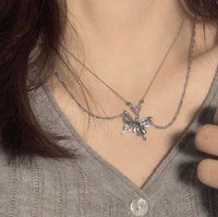 Thumbnail for Chic Crystal Inlaid Layered Antique Silver Butterfly Necklace - ArtGalleryZen