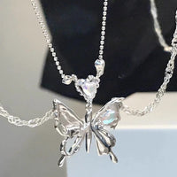Thumbnail for Chic Crystal Inlaid Layered Antique Silver Butterfly Necklace - ArtGalleryZen