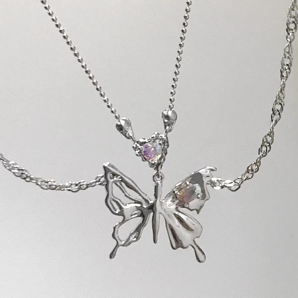 Chic Crystal Inlaid Layered Antique Silver Butterfly Necklace - ArtGalleryZen