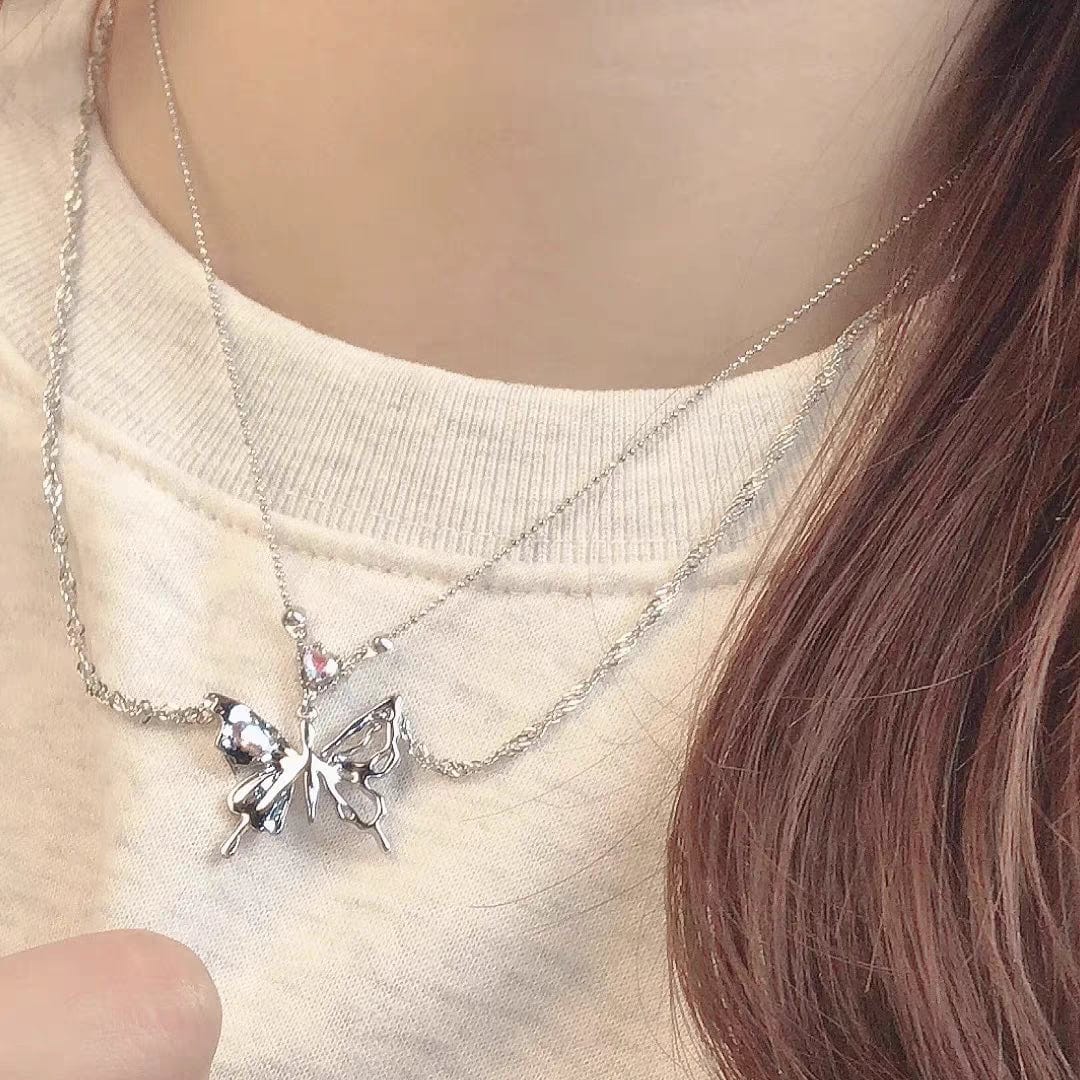 Chic Crystal Inlaid Layered Antique Silver Butterfly Necklace - ArtGalleryZen