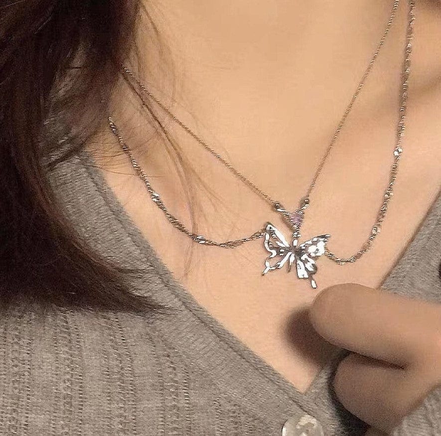 Chic Crystal Inlaid Layered Antique Silver Butterfly Necklace - ArtGalleryZen