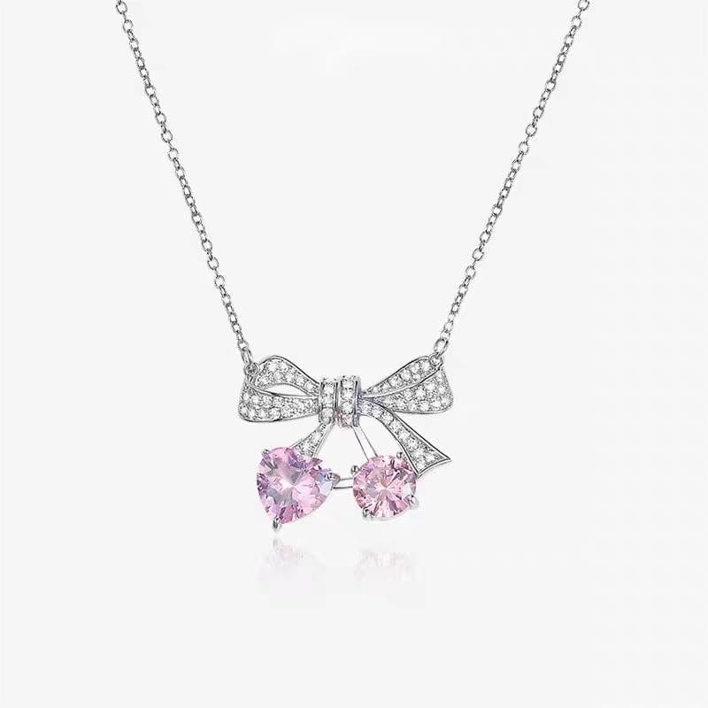 Chic CZ Inlaid Bowknot Cherry Pendant Necklace - ArtGalleryZen
