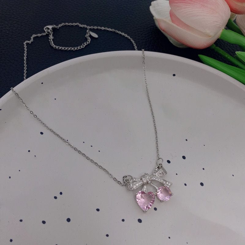 Chic CZ Inlaid Bowknot Cherry Pendant Necklace - ArtGalleryZen
