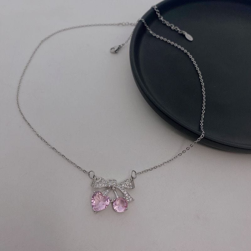 Chic CZ Inlaid Bowknot Cherry Pendant Necklace - ArtGalleryZen