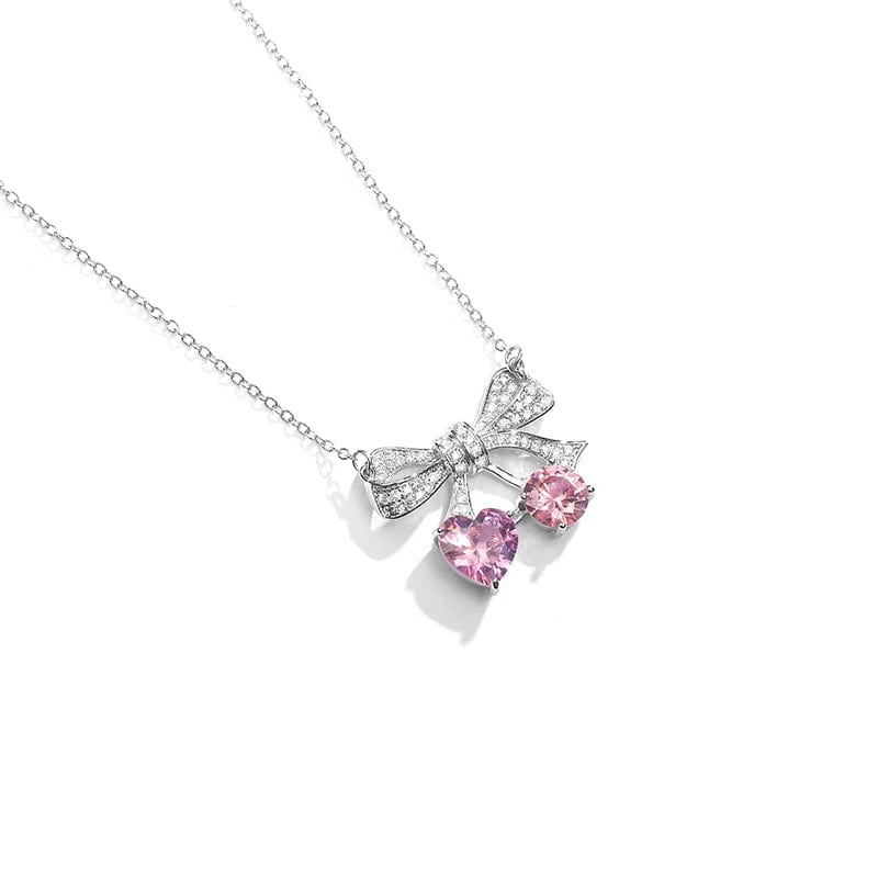 Chic CZ Inlaid Bowknot Cherry Pendant Necklace - ArtGalleryZen