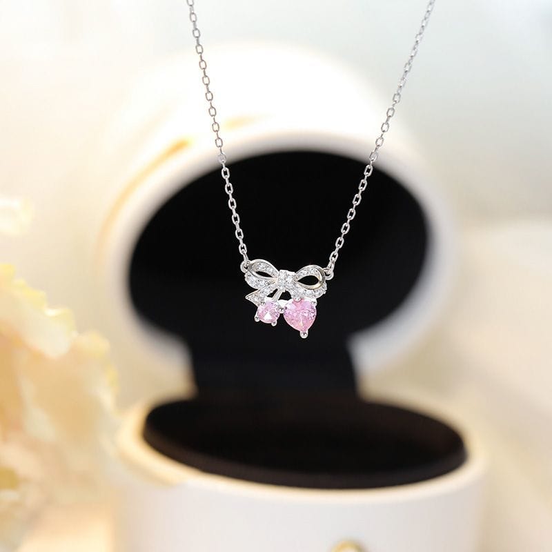 Chic CZ Inlaid Bowknot Cherry Pendant Necklace - ArtGalleryZen