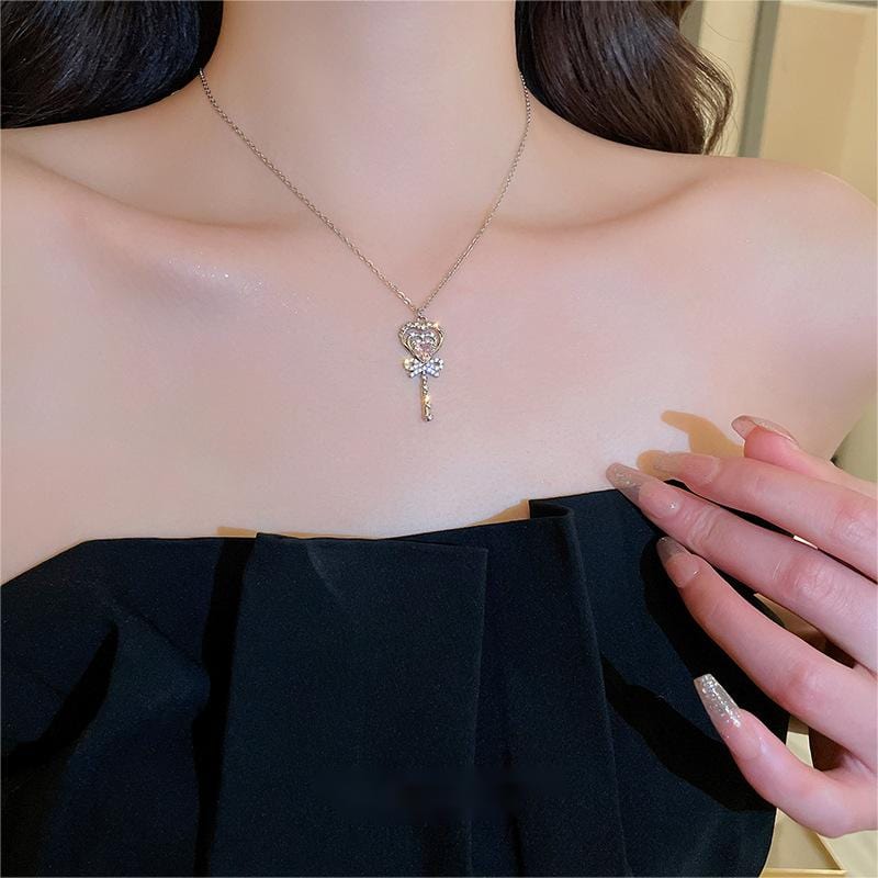 Chic CZ Inlaid Bowknot Heart Magic Wand Necklace - ArtGalleryZen