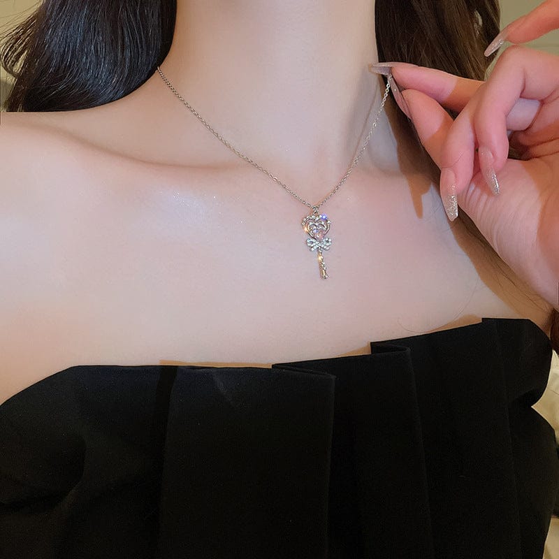 Chic CZ Inlaid Bowknot Heart Magic Wand Necklace - ArtGalleryZen
