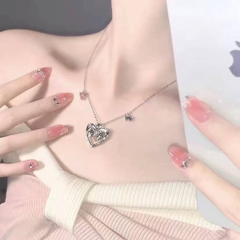 Chic CZ Inlaid Bowknot Heart Pendant Necklace - ArtGalleryZen